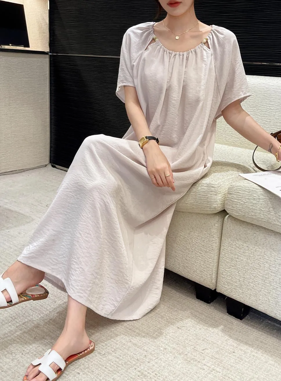 Comfortable Shirred Maxi Dress in Lightweight Cotton-Linen Blend