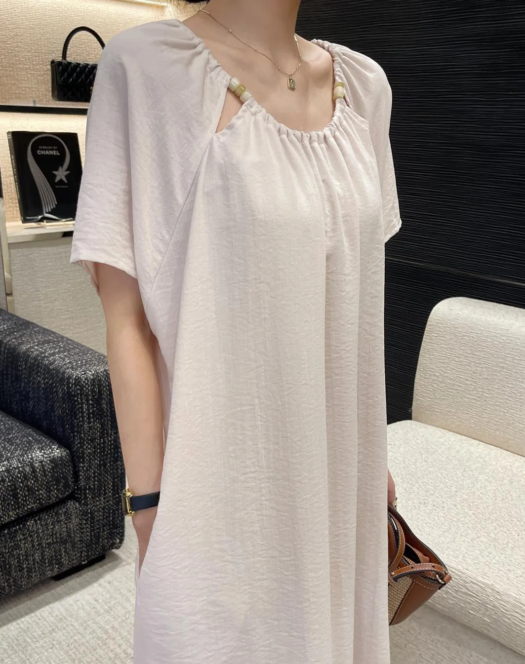 Comfortable Shirred Maxi Dress in Lightweight Cotton-Linen Blend