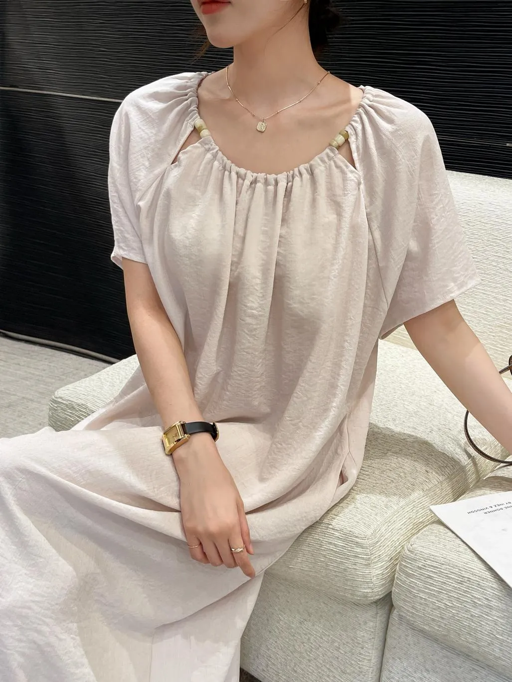 Comfortable Shirred Maxi Dress in Lightweight Cotton-Linen Blend