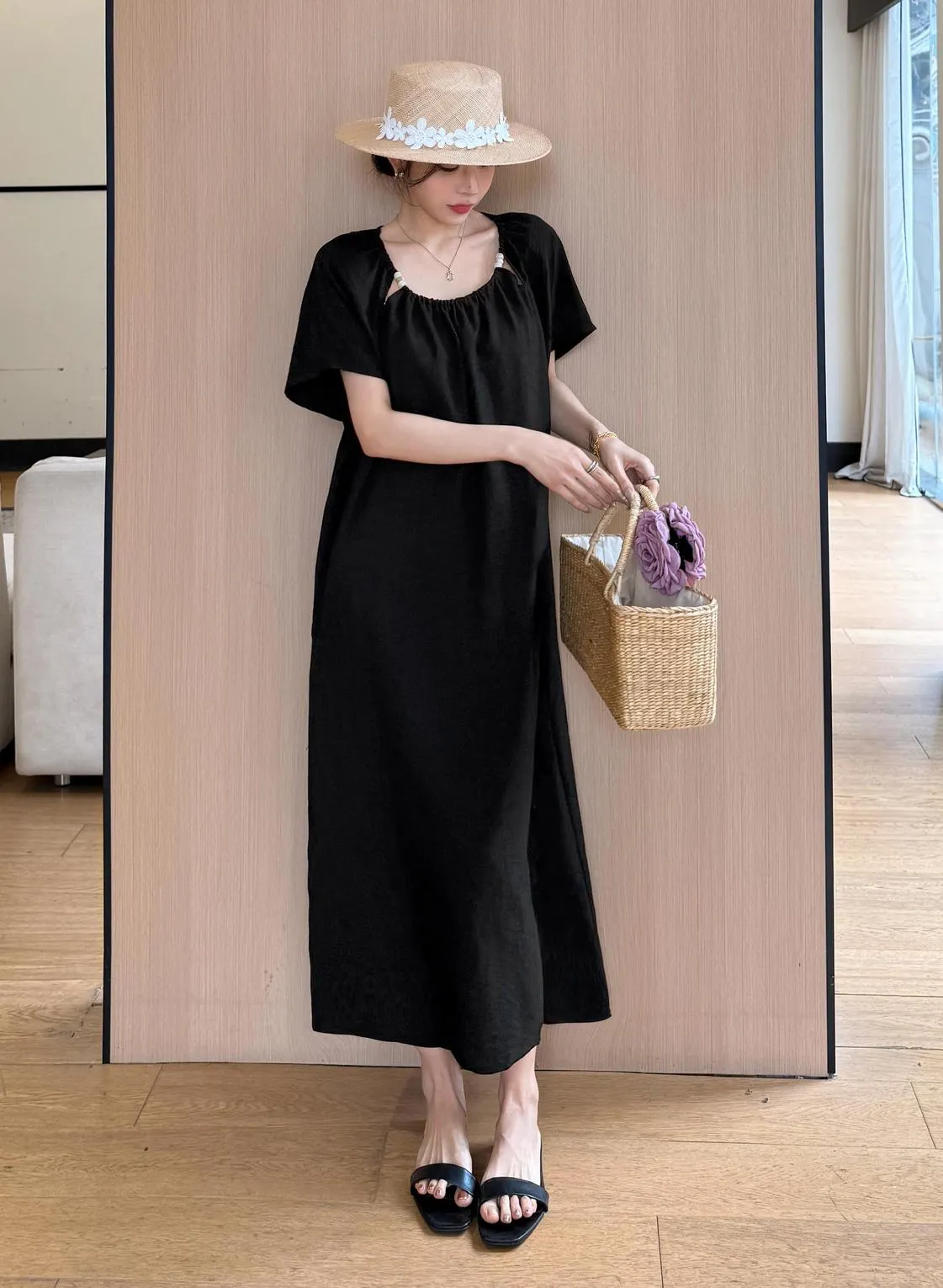 Comfortable Shirred Maxi Dress in Lightweight Cotton-Linen Blend