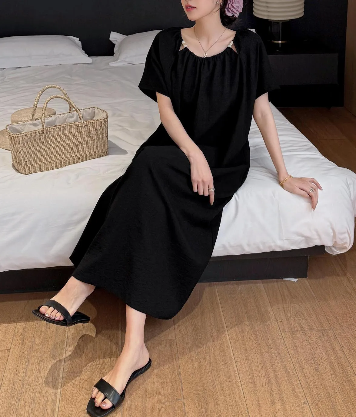 Comfortable Shirred Maxi Dress in Lightweight Cotton-Linen Blend