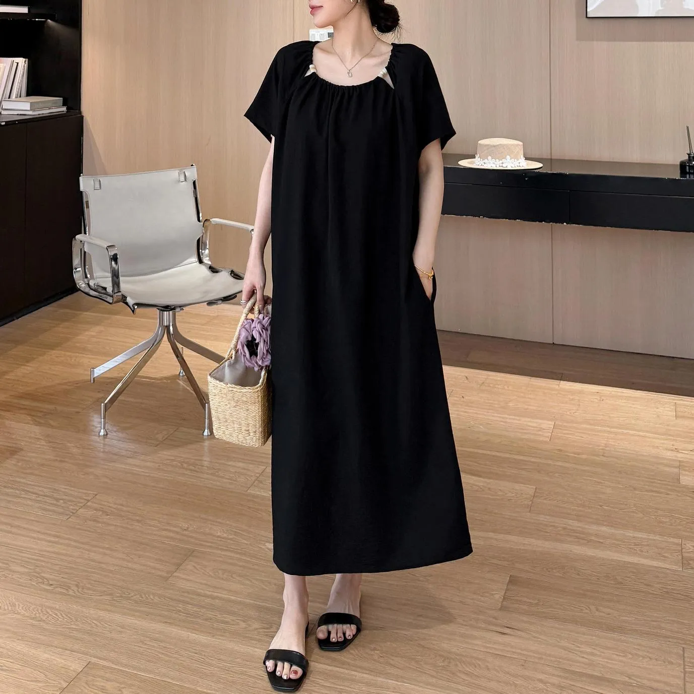 Comfortable Shirred Maxi Dress in Lightweight Cotton-Linen Blend