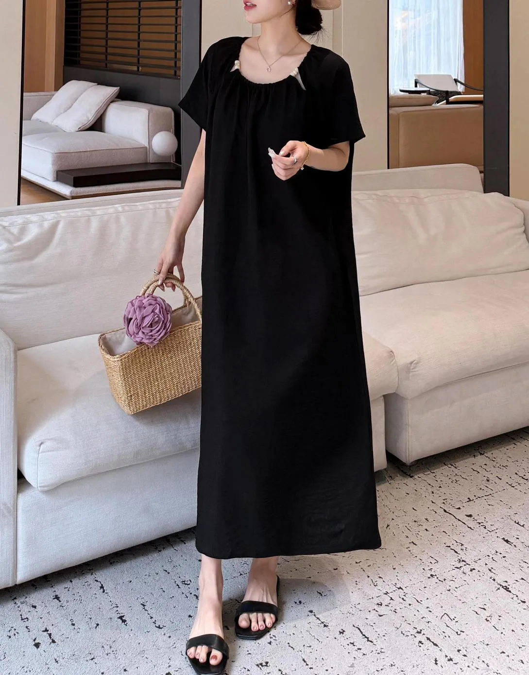 Comfortable Shirred Maxi Dress in Lightweight Cotton-Linen Blend