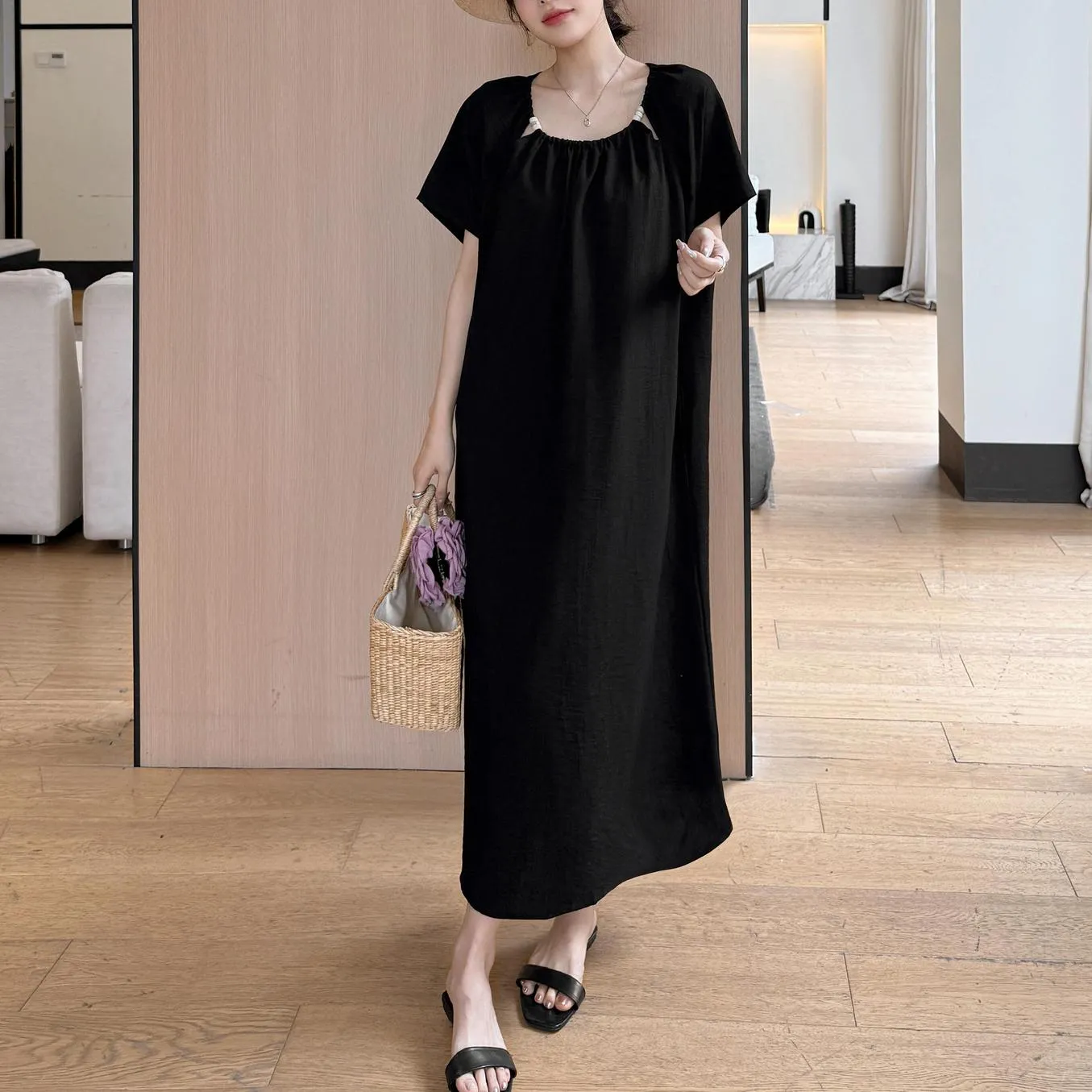 Comfortable Shirred Maxi Dress in Lightweight Cotton-Linen Blend