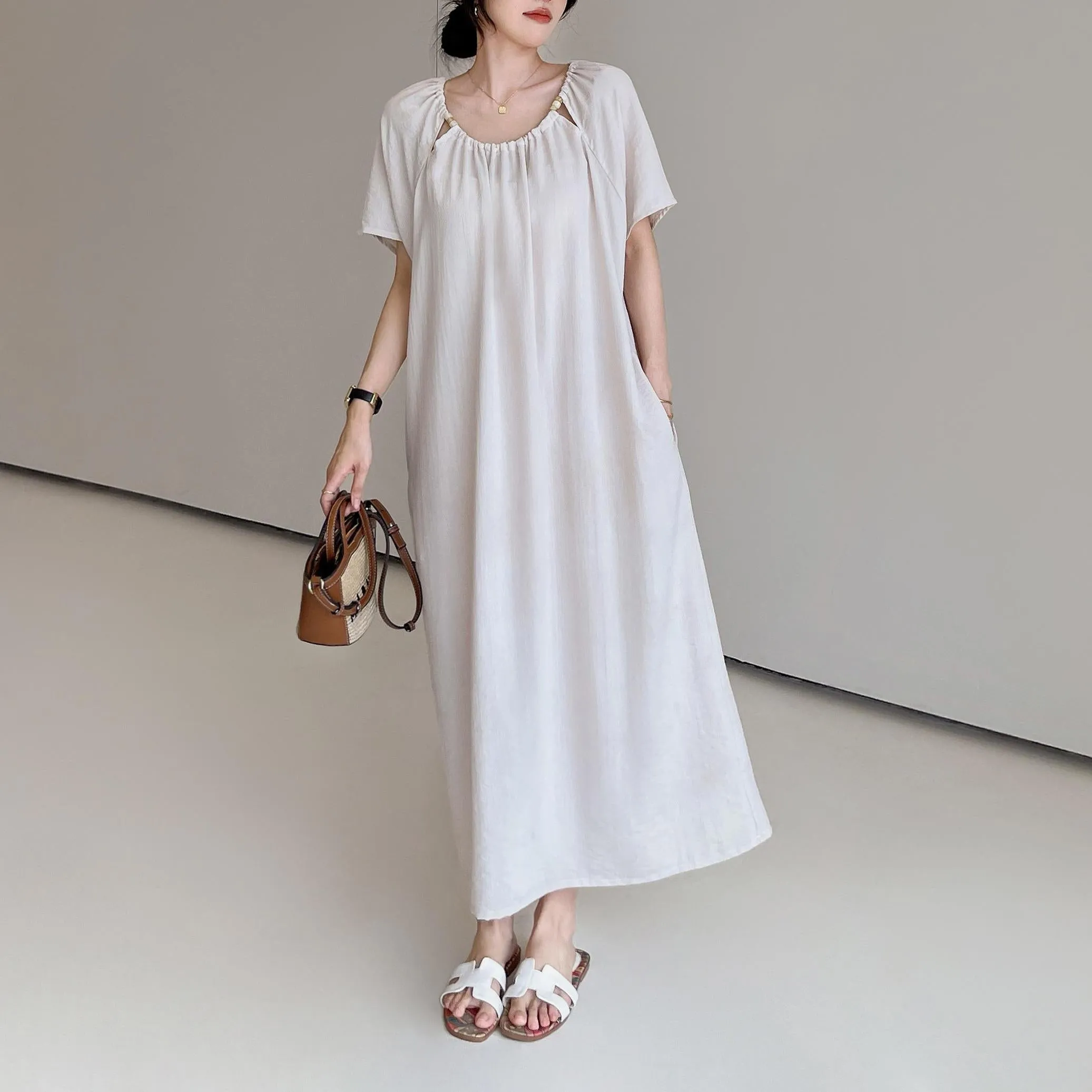 Comfortable Shirred Maxi Dress in Lightweight Cotton-Linen Blend