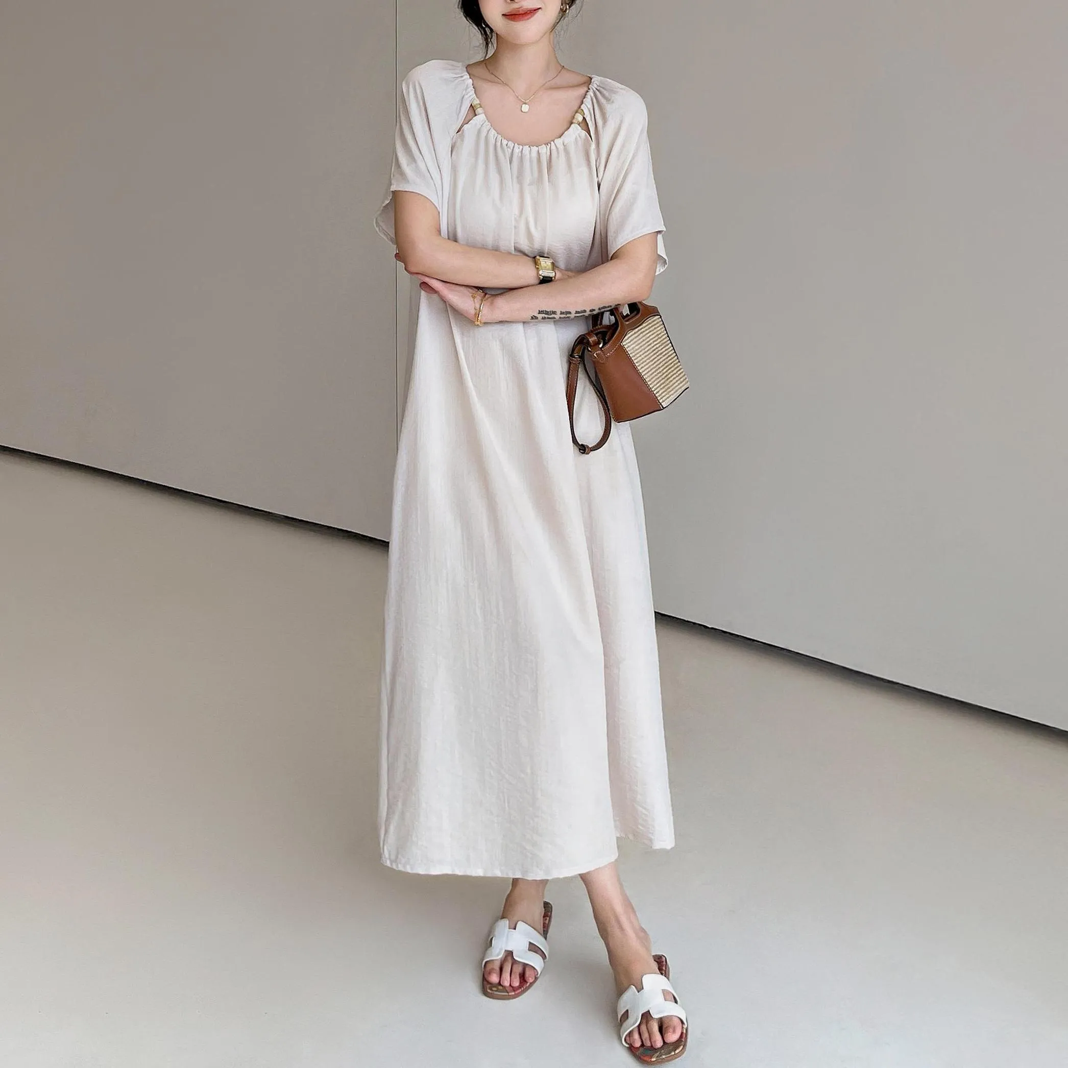 Comfortable Shirred Maxi Dress in Lightweight Cotton-Linen Blend