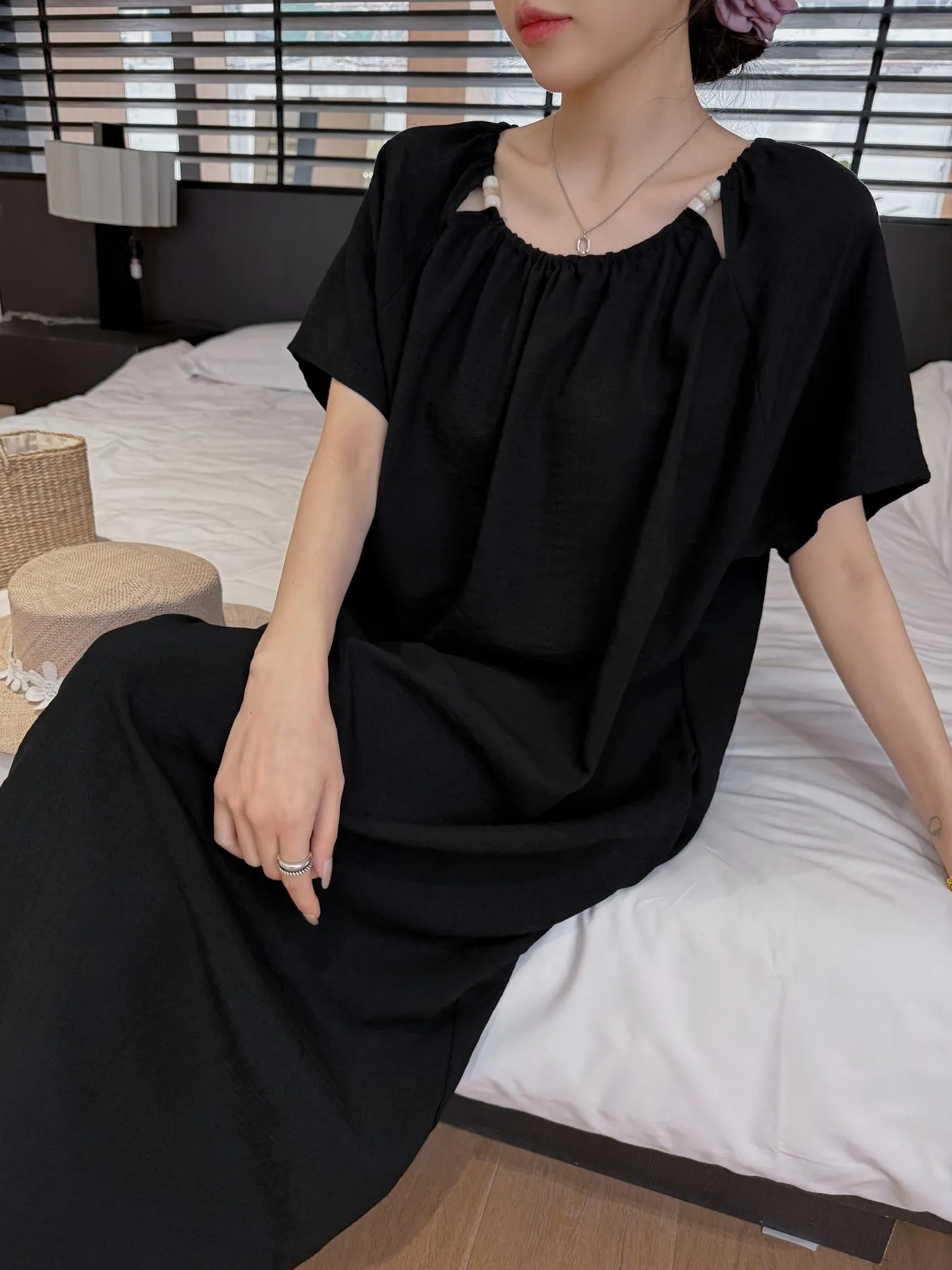 Comfortable Shirred Maxi Dress in Lightweight Cotton-Linen Blend