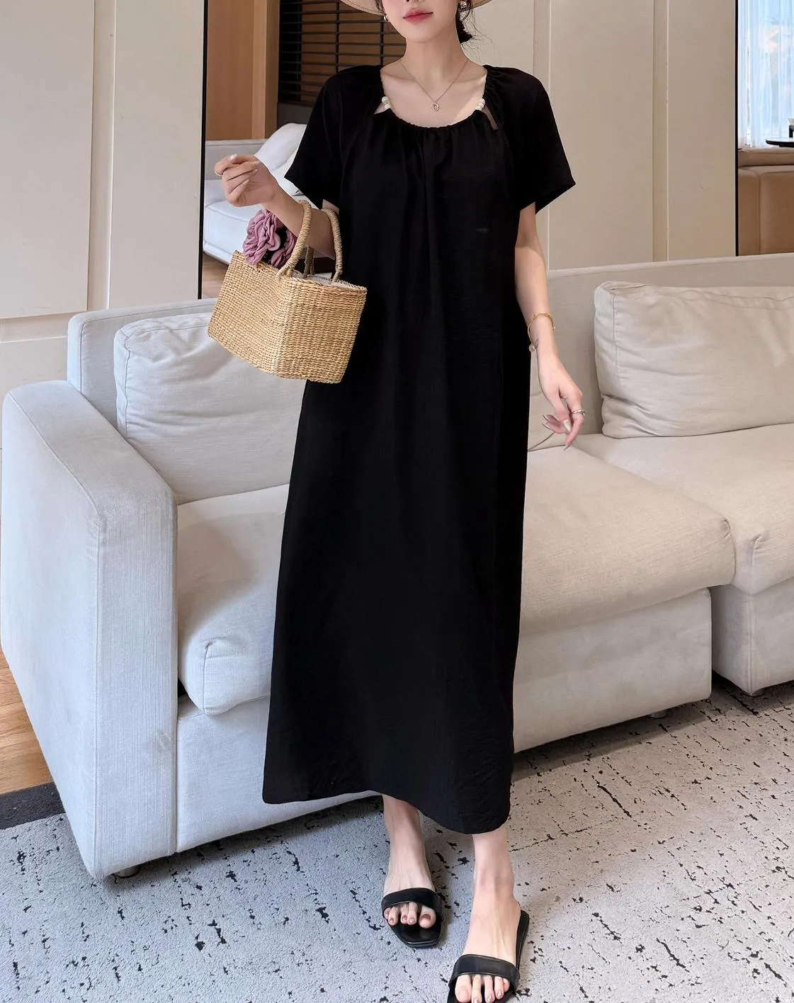 Comfortable Shirred Maxi Dress in Lightweight Cotton-Linen Blend