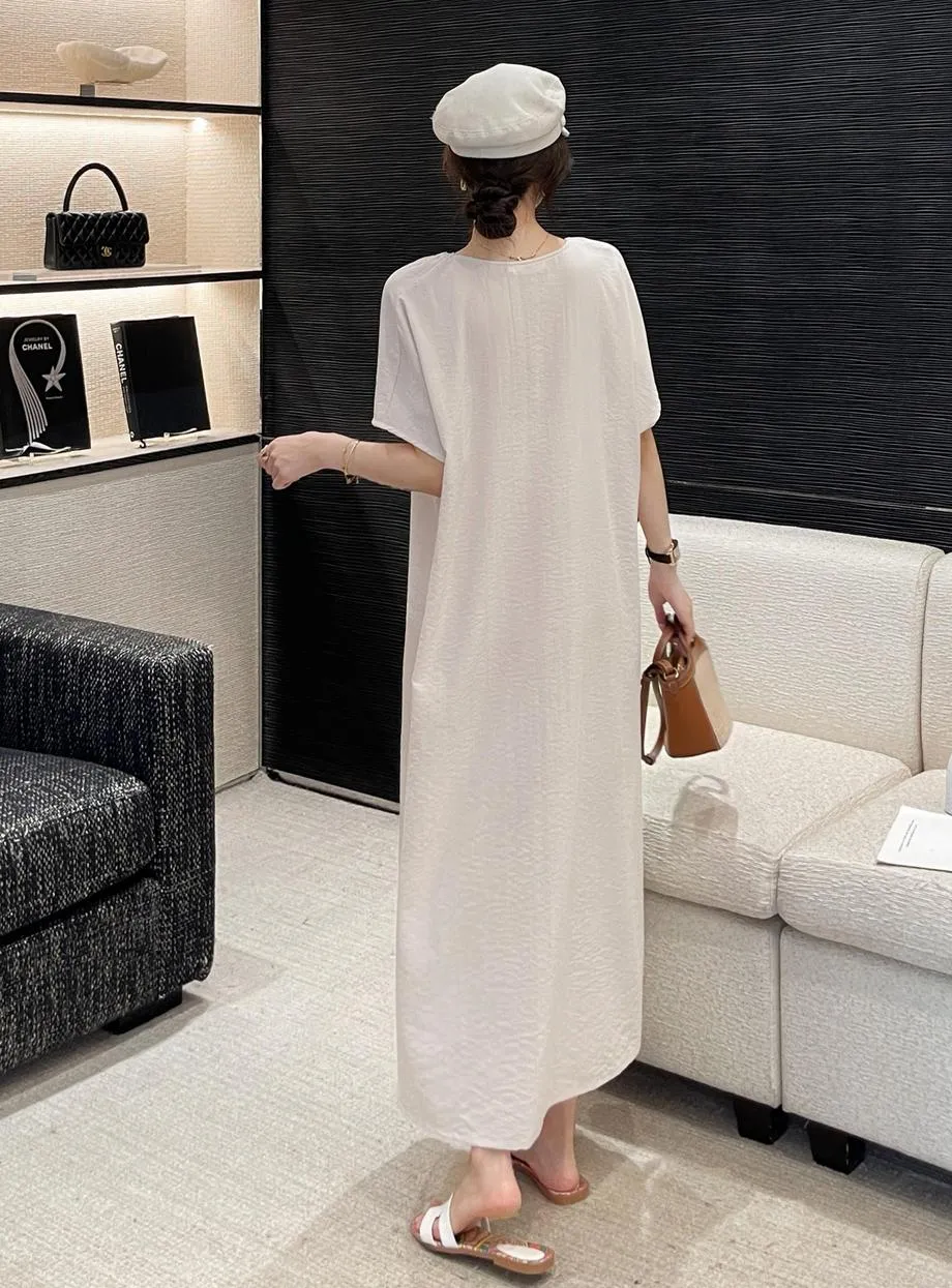 Comfortable Shirred Maxi Dress in Lightweight Cotton-Linen Blend