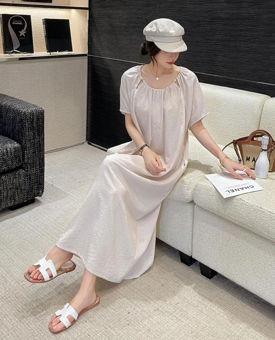 Comfortable Shirred Maxi Dress in Lightweight Cotton-Linen Blend
