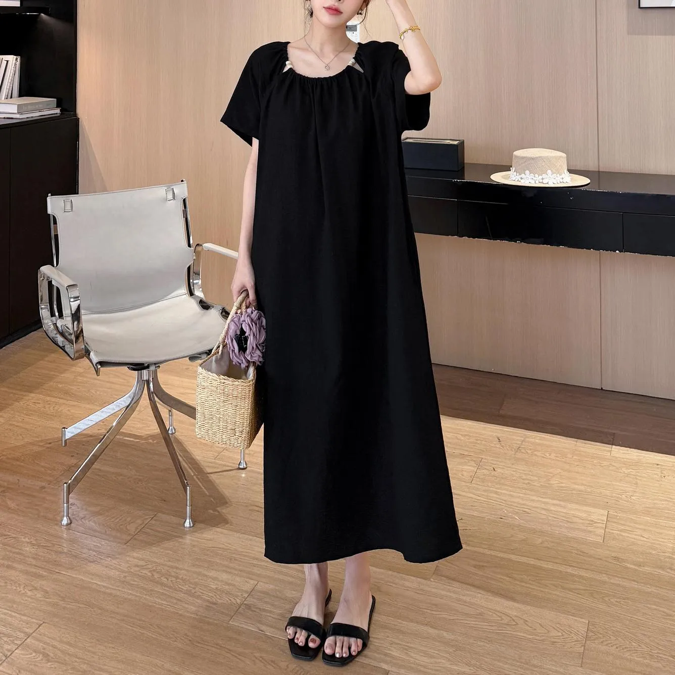 Comfortable Shirred Maxi Dress in Lightweight Cotton-Linen Blend