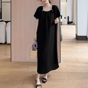 Comfortable Shirred Maxi Dress in Lightweight Cotton-Linen Blend