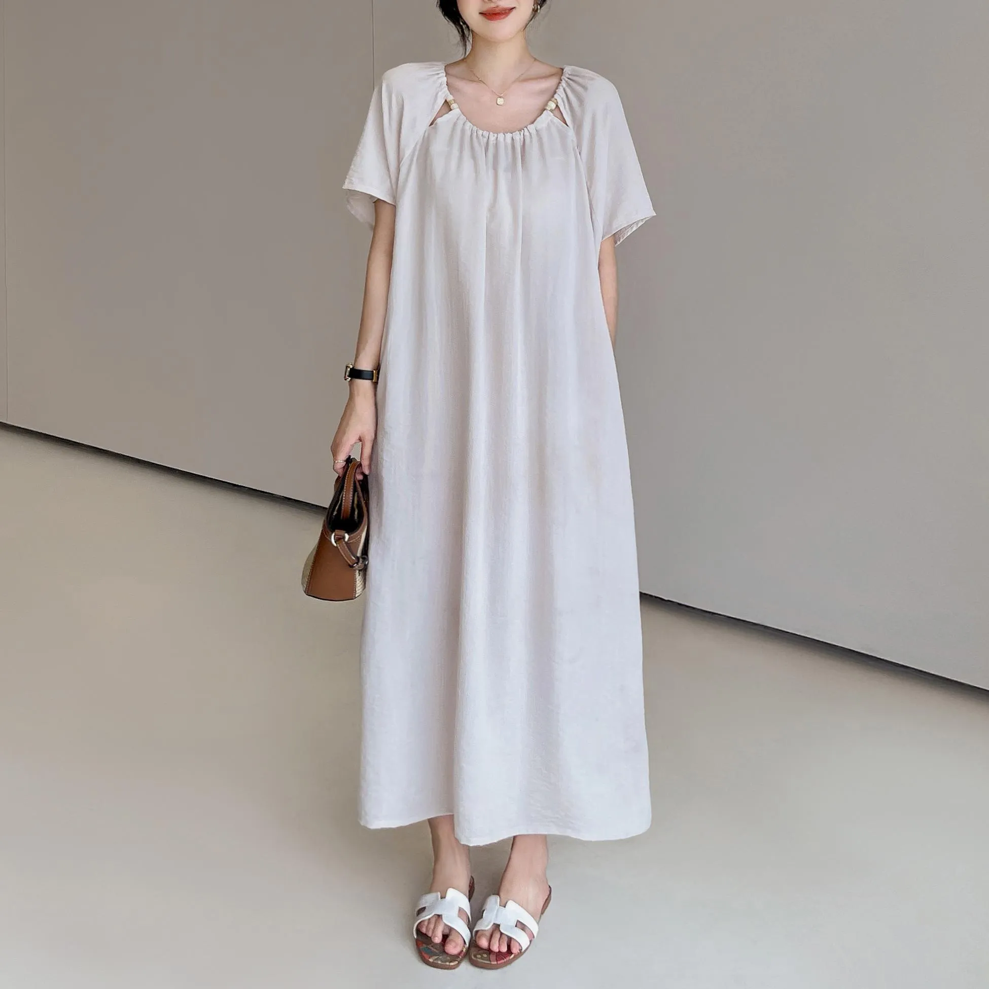 Comfortable Shirred Maxi Dress in Lightweight Cotton-Linen Blend