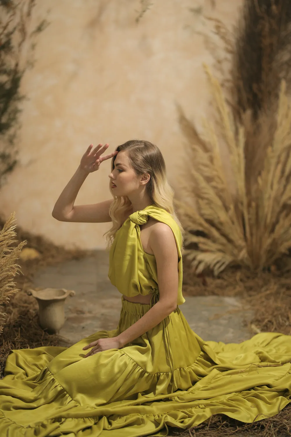 COSTA DEL SOL Twist Top with Four Layer Maxi Skirt  (Lime Green Italian Silk)