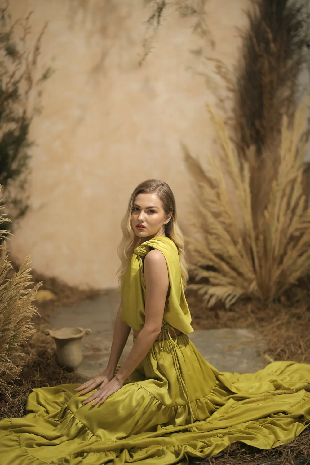 COSTA DEL SOL Twist Top with Four Layer Maxi Skirt  (Lime Green Italian Silk)
