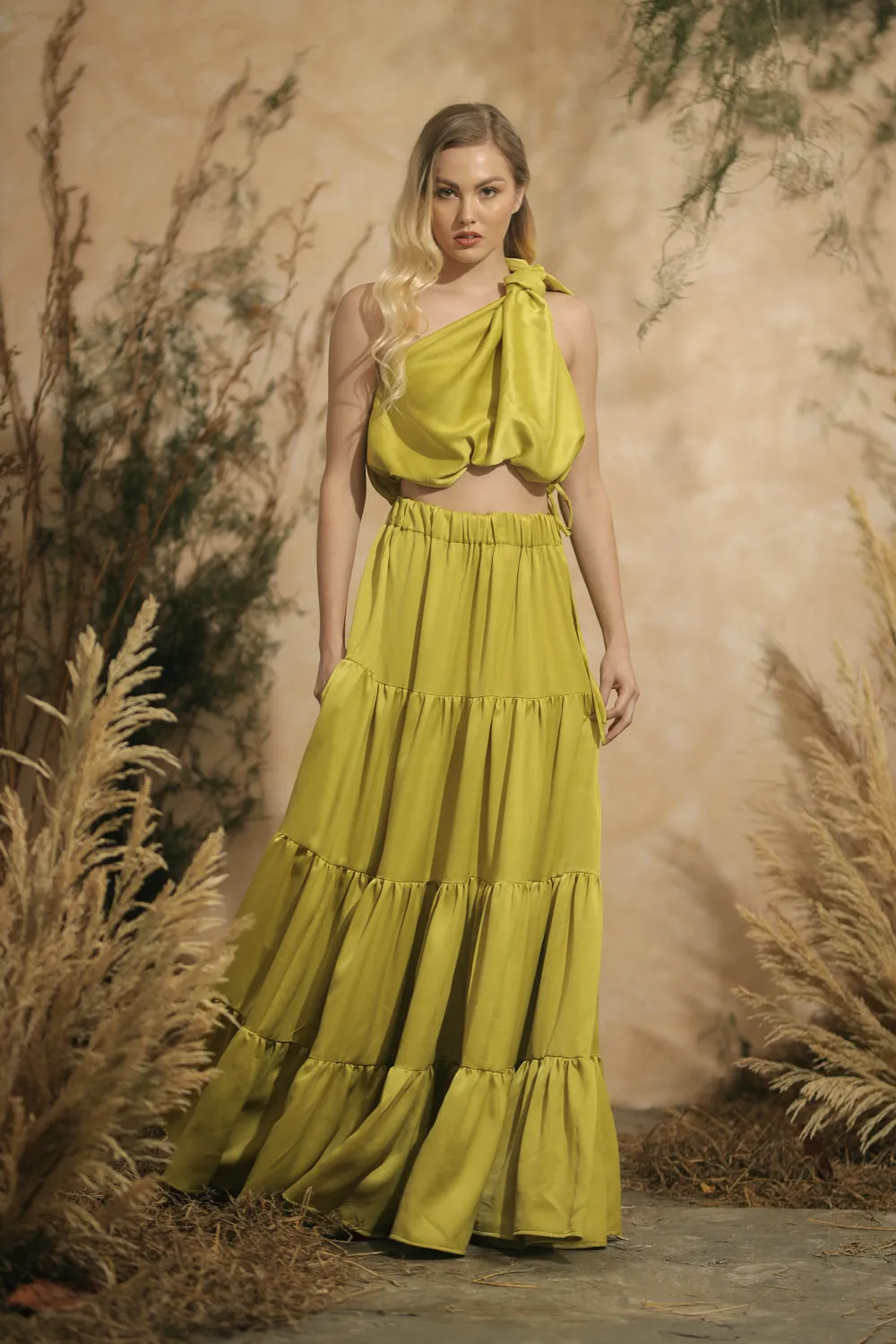 COSTA DEL SOL Twist Top with Four Layer Maxi Skirt  (Lime Green Italian Silk)