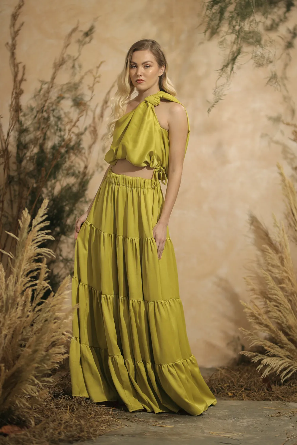 COSTA DEL SOL Twist Top with Four Layer Maxi Skirt  (Lime Green Italian Silk)