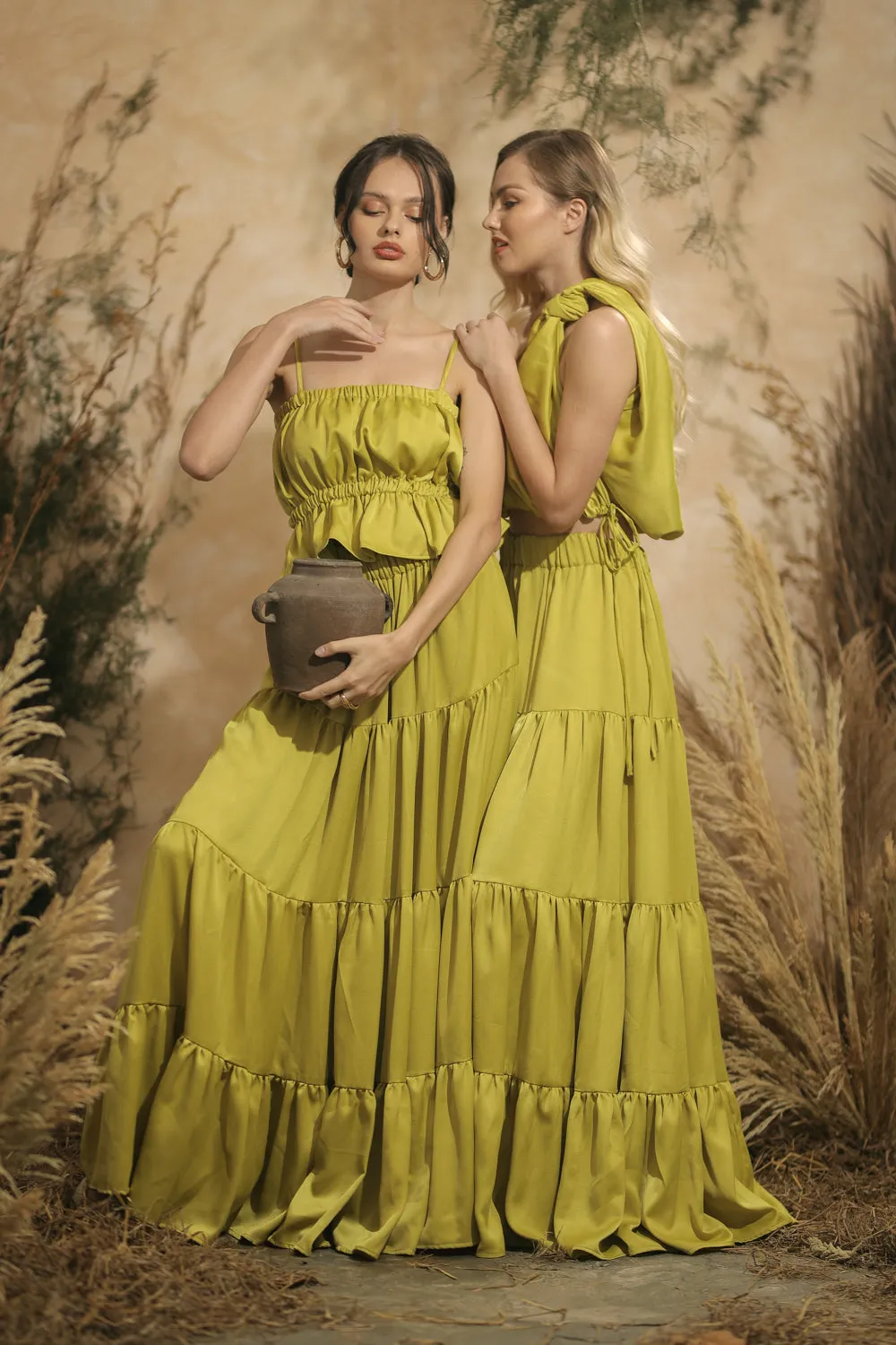 COSTA DEL SOL Twist Top with Four Layer Maxi Skirt  (Lime Green Italian Silk)