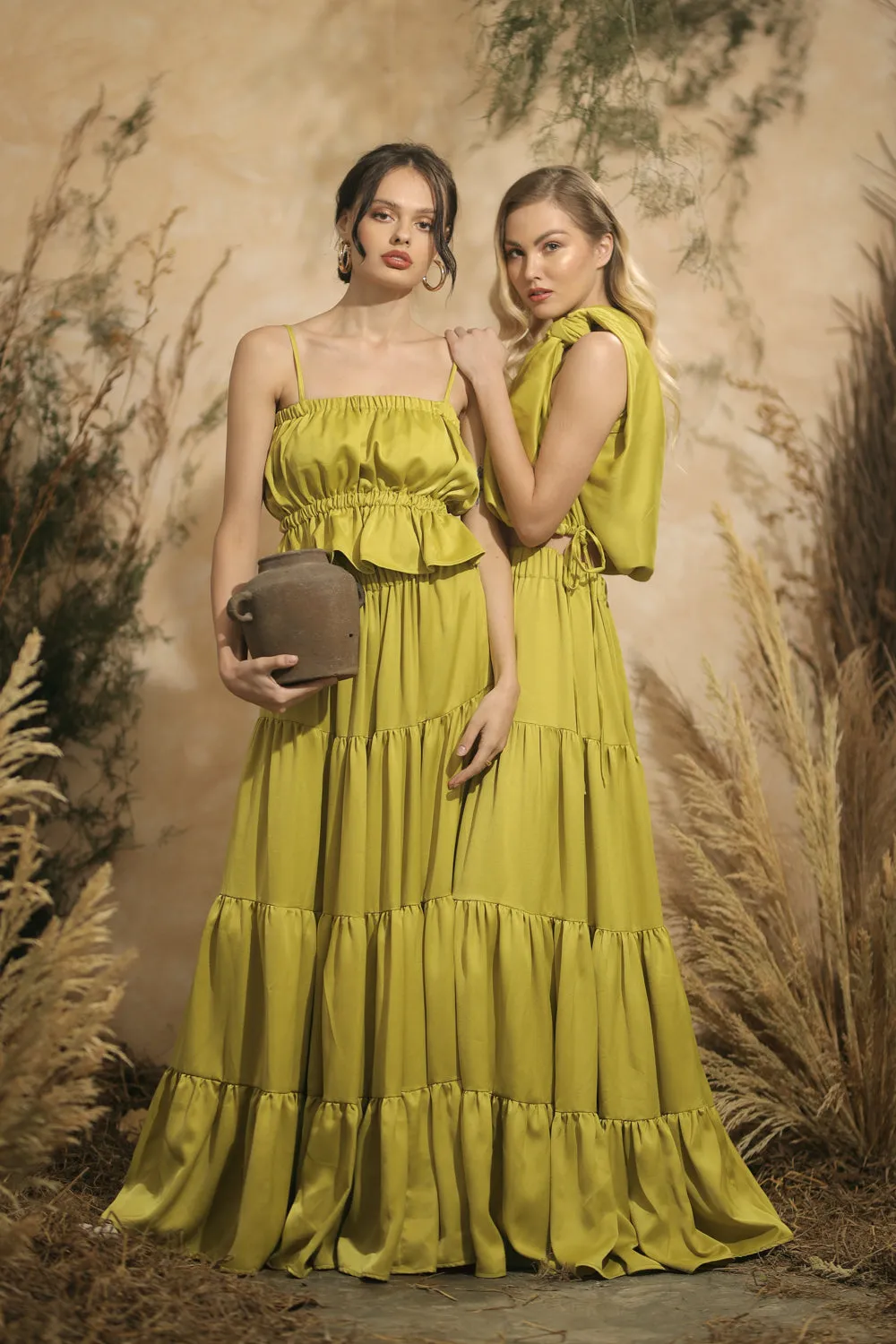 COSTA DEL SOL Twist Top with Four Layer Maxi Skirt  (Lime Green Italian Silk)