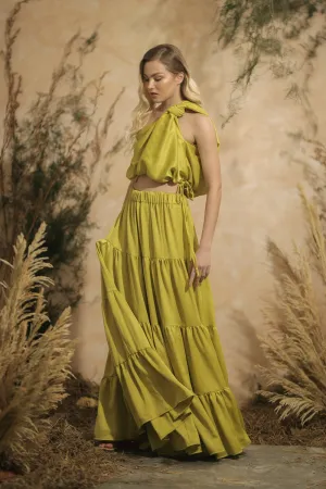 COSTA DEL SOL Twist Top with Four Layer Maxi Skirt  (Lime Green Italian Silk)