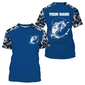 Custom Name Bass Fishing Camouflage Blue All Over Printed T-shirt, Bass Fishing Jerseys SDF73