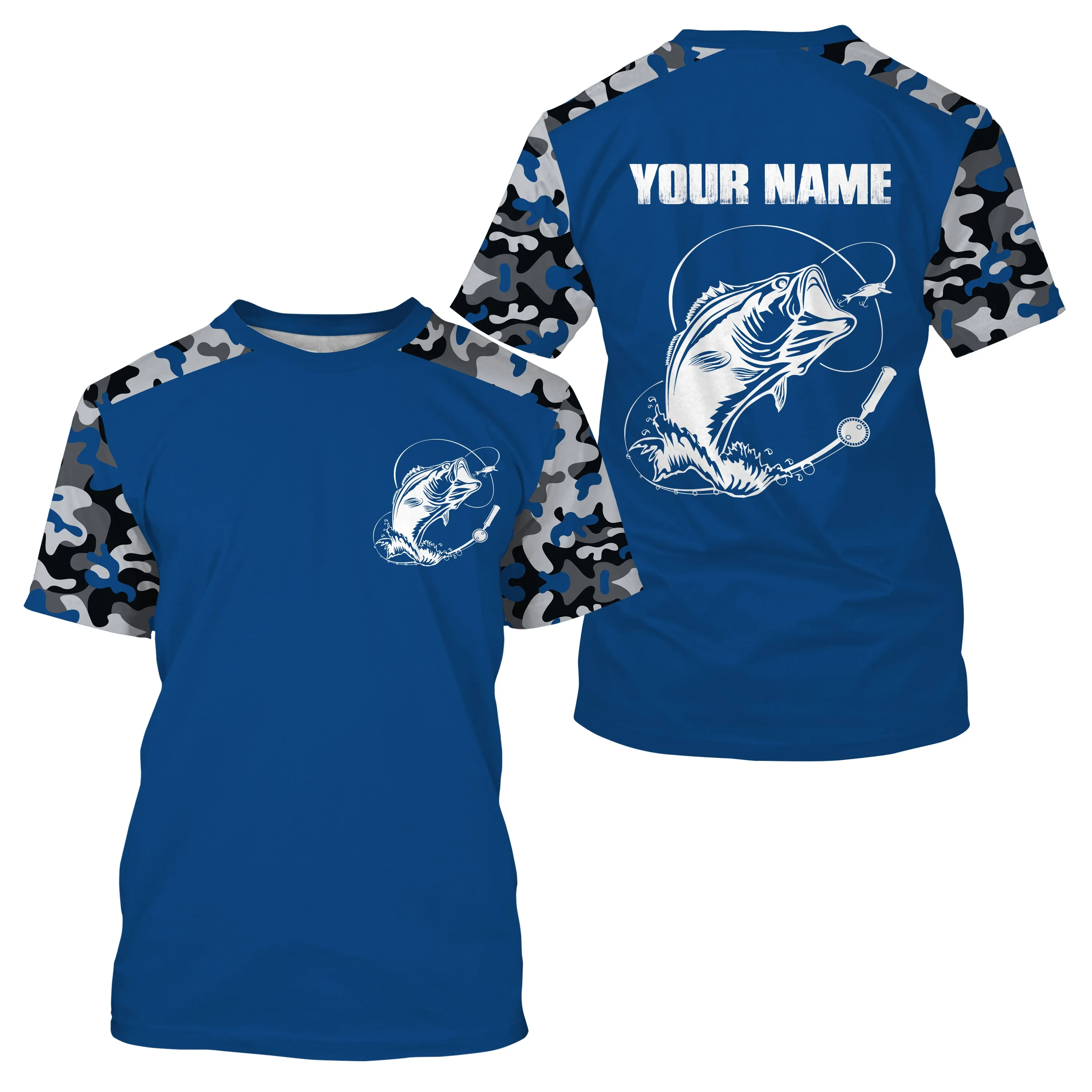 Custom Name Bass Fishing Camouflage Blue All Over Printed T-shirt, Bass Fishing Jerseys SDF73