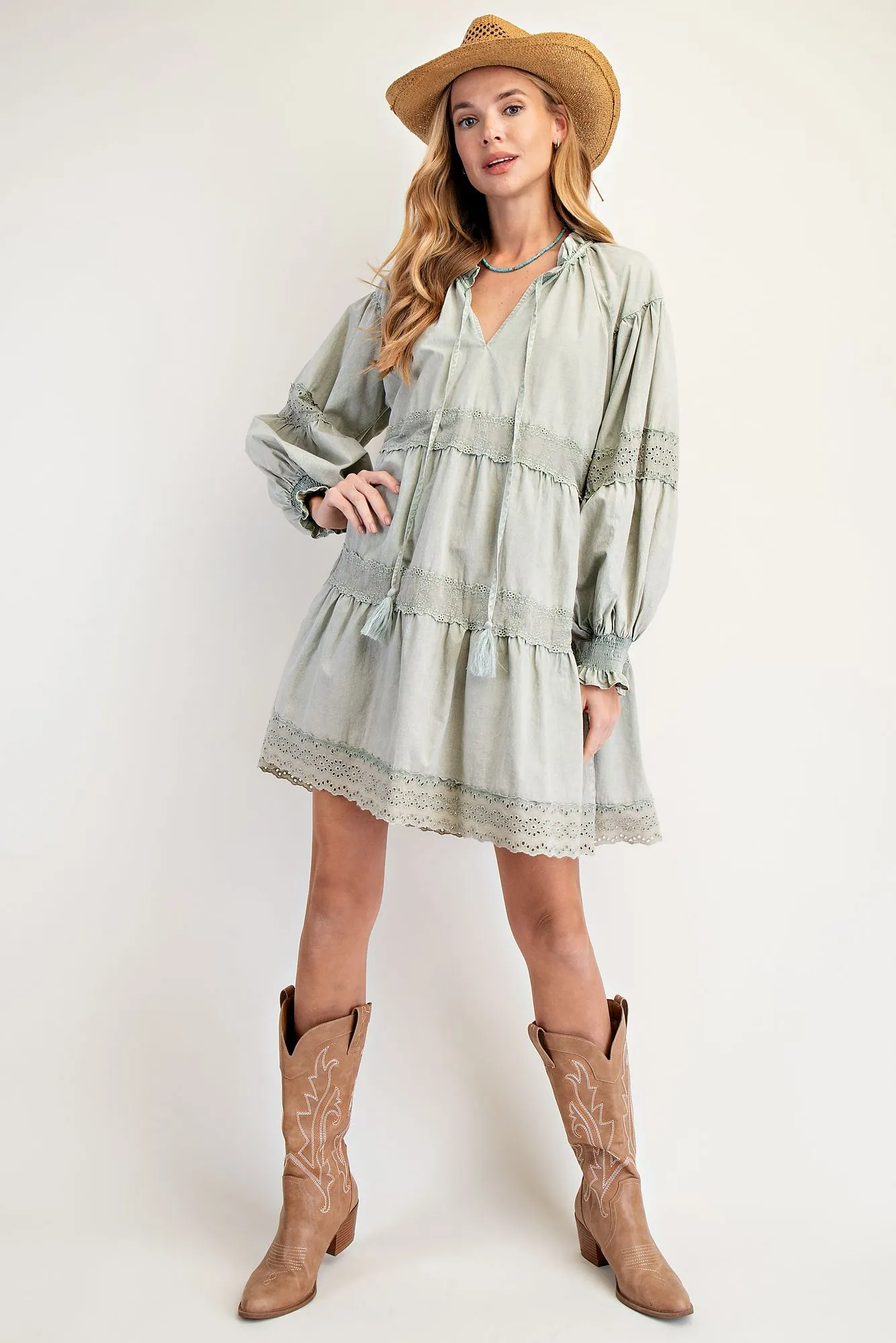 Cydni MINERAL WASHED COTTON TIERED DRESS-Sage