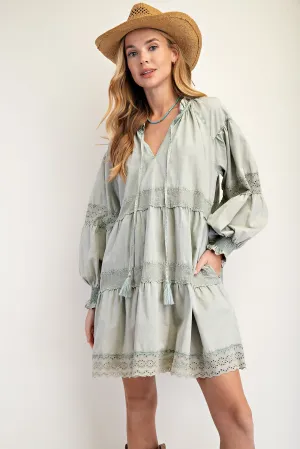 Cydni MINERAL WASHED COTTON TIERED DRESS-Sage