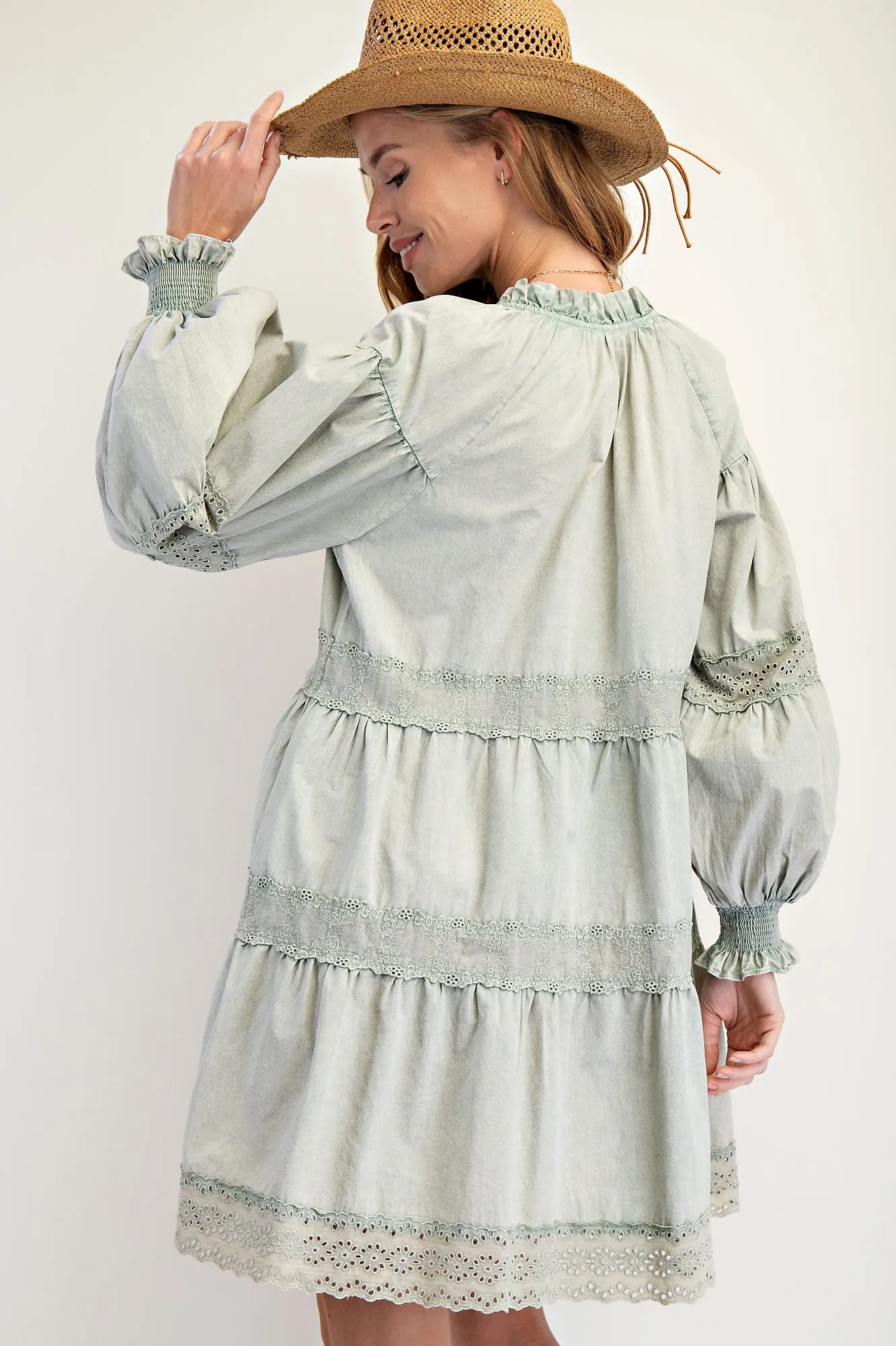 Cydni MINERAL WASHED COTTON TIERED DRESS-Sage