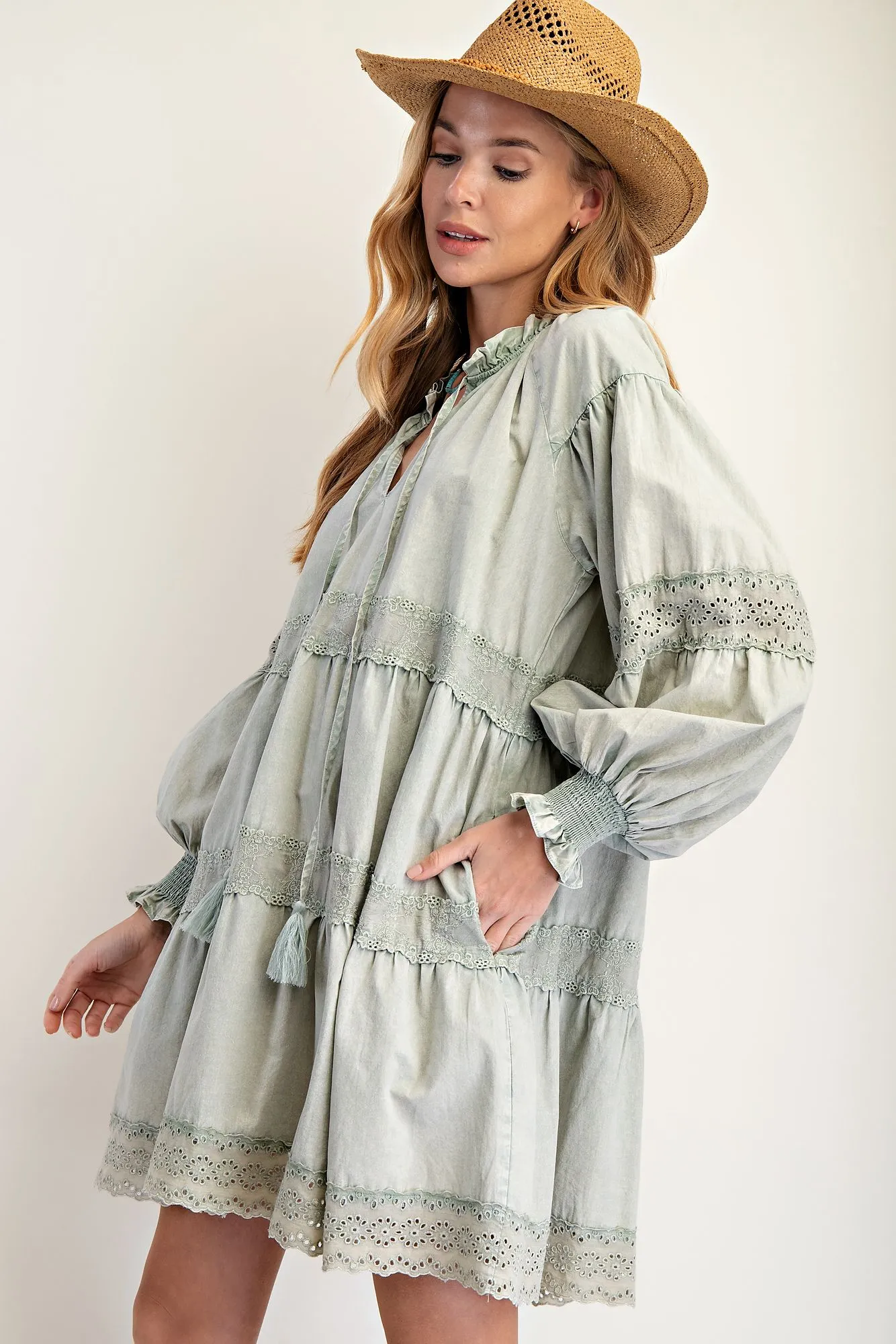 Cydni MINERAL WASHED COTTON TIERED DRESS-Sage