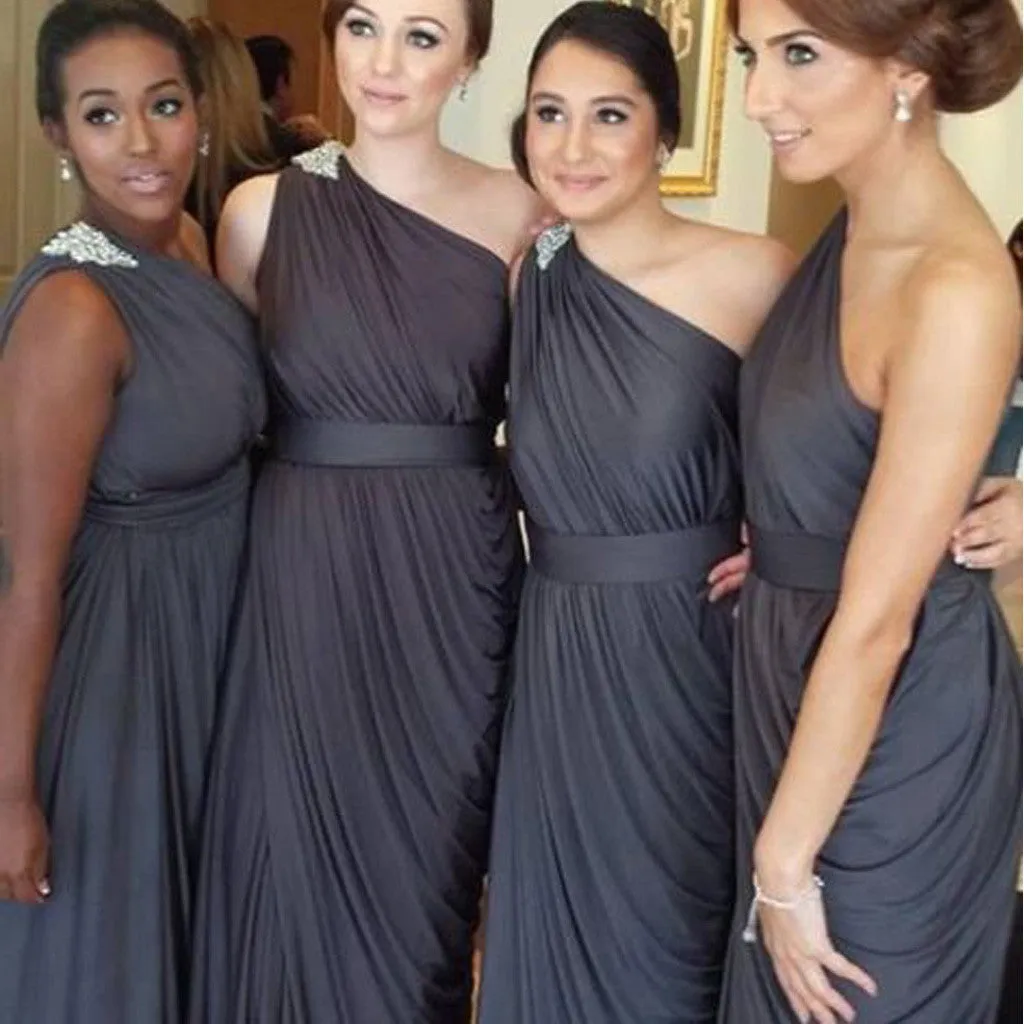 Dark Grey One Shoulder Elegant Online Long Bridesmaid Dresses, BG51343