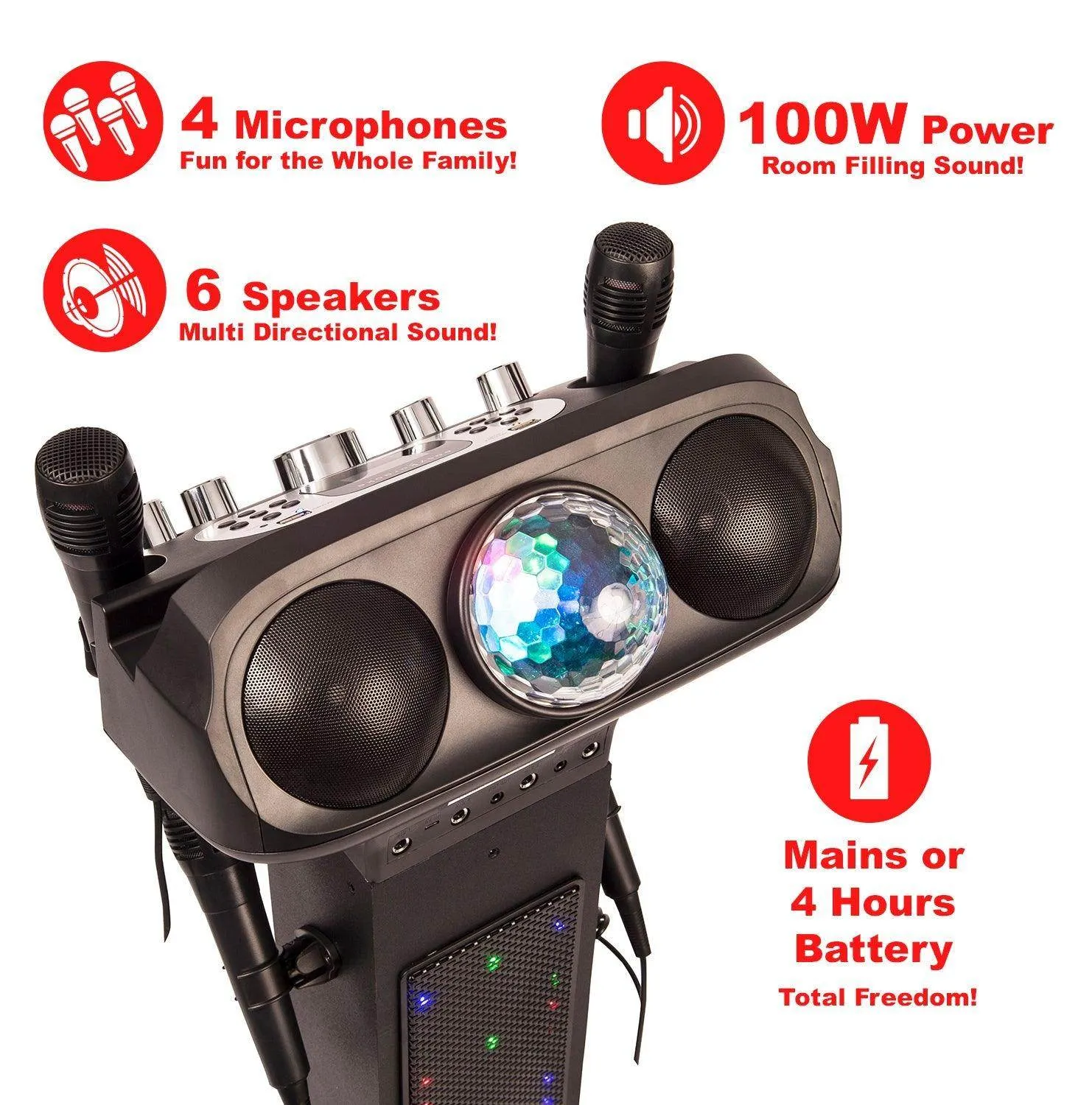 Easy Karaoke Smart Bluetooth® Karaoke System   4 Wired Microphones