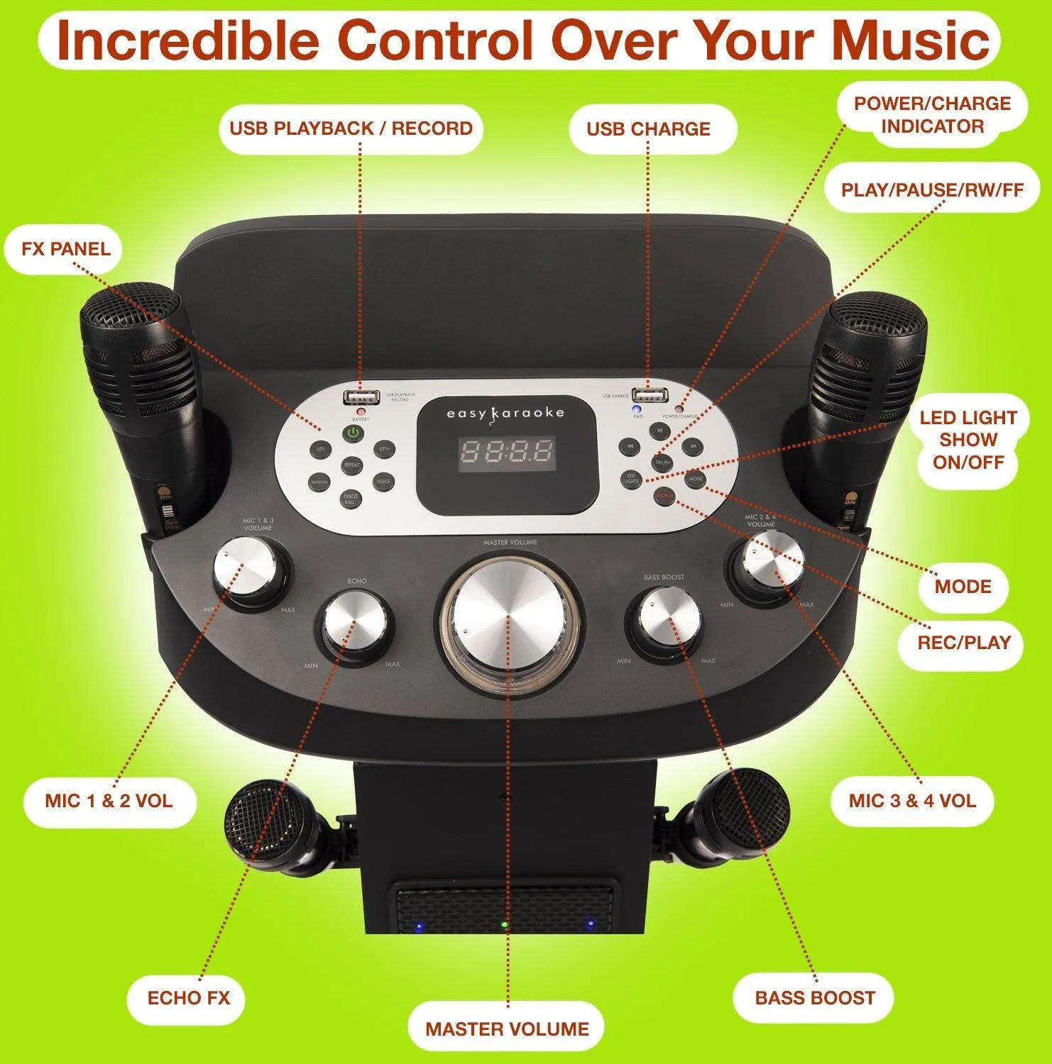 Easy Karaoke Smart Bluetooth® Karaoke System   4 Wired Microphones