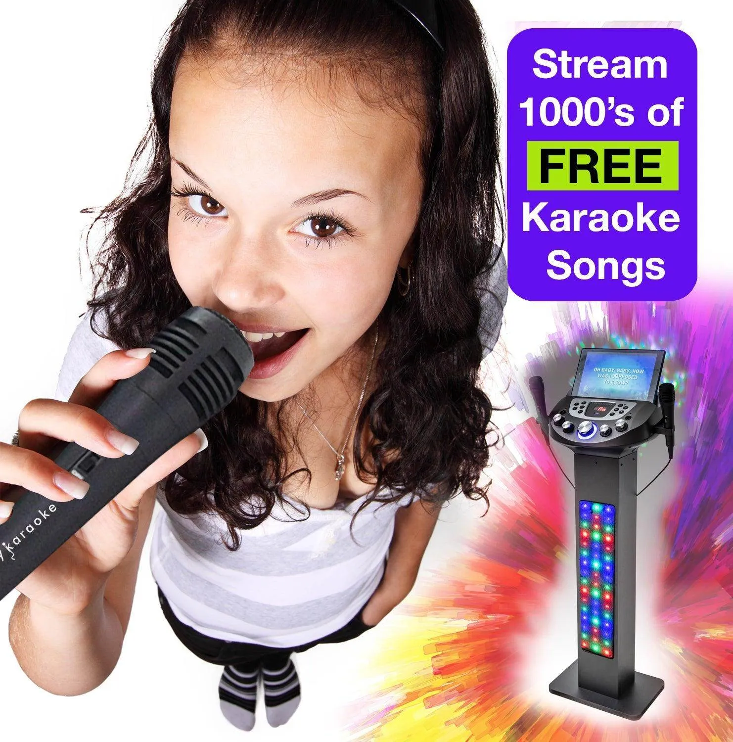 Easy Karaoke Smart Bluetooth® Pedestal Karaoke System with Light Effects   2 Mics