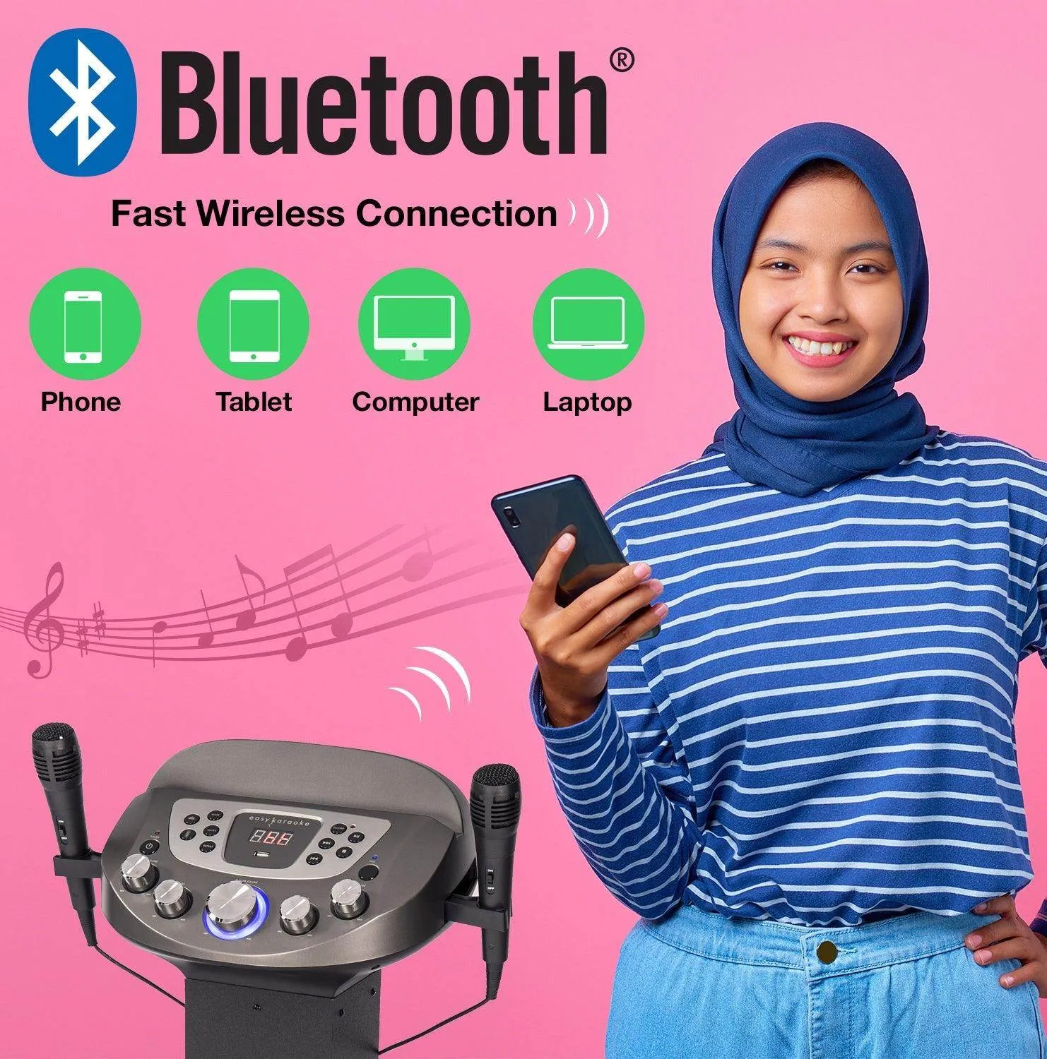Easy Karaoke Smart Bluetooth® Pedestal Karaoke System with Light Effects   2 Mics