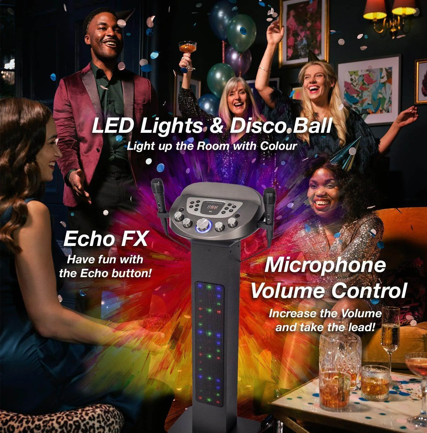 Easy Karaoke Smart Bluetooth® Pedestal Karaoke System with Light Effects   2 Mics