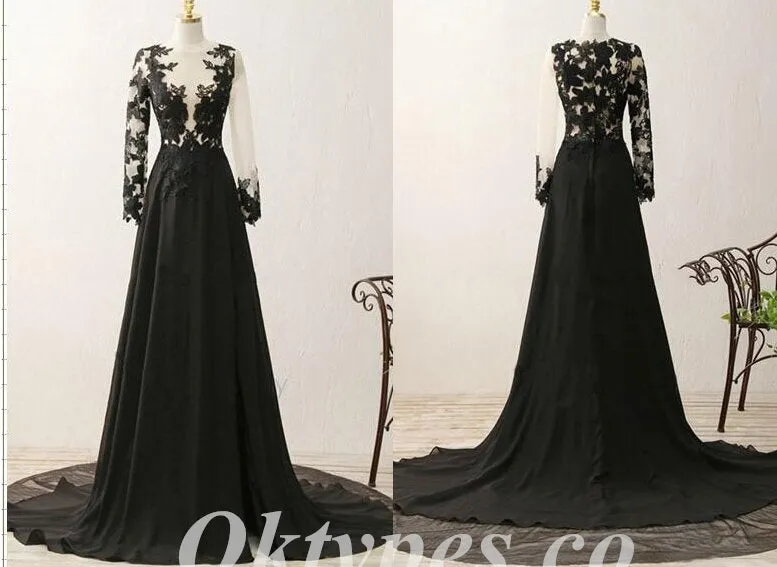 Elegant Black Lace And Tulle Long Sleeve A-Line Long Prom Dresses,PDS0798