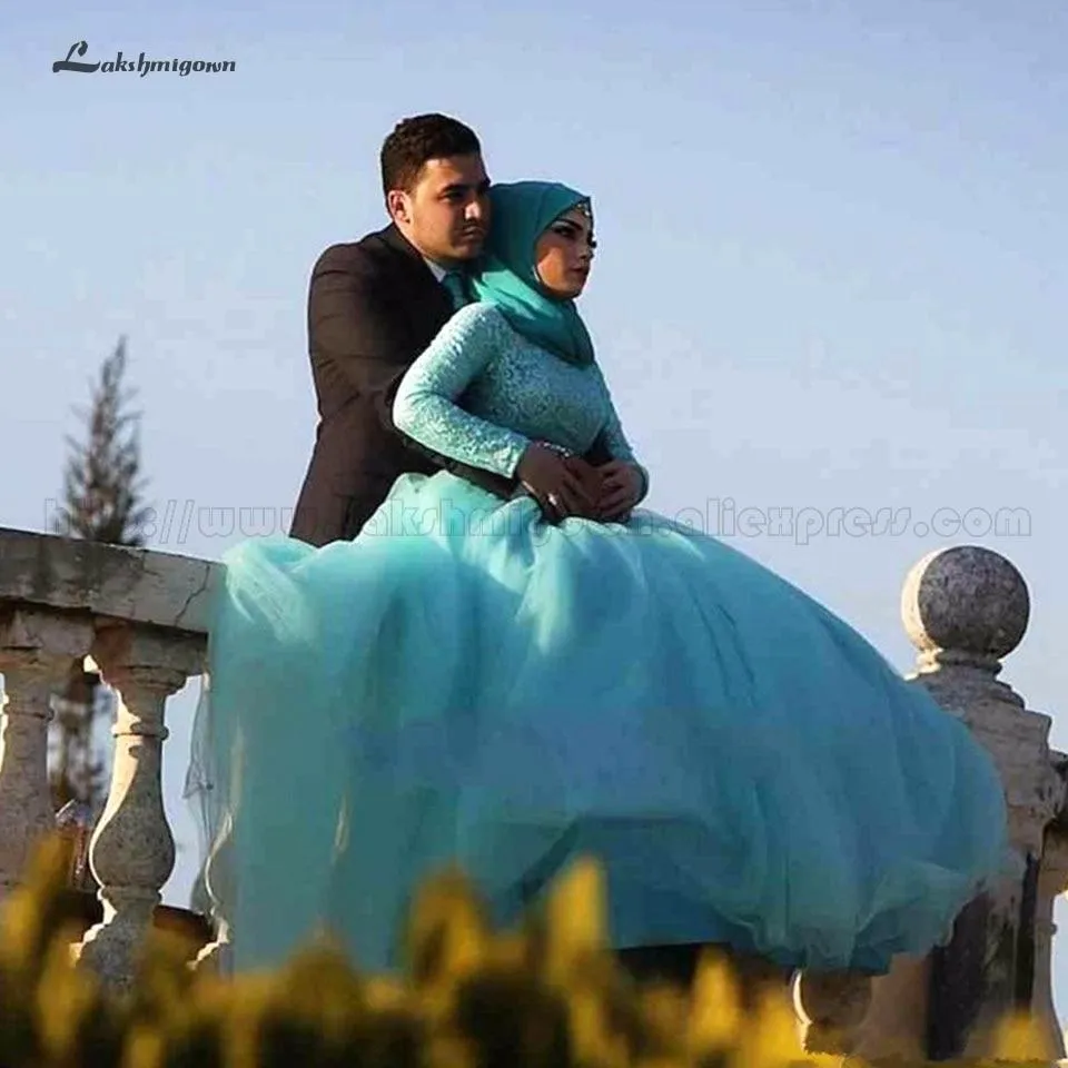 Elegant Blue Wedding Dress Sexy Bridal Dresses Long Sleeve