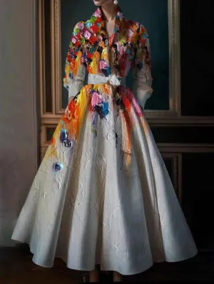 Elegant Floral Printing Maxi Dresses Multicolor Turndown Collar Long