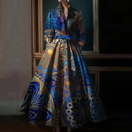 Elegant Floral Printing Maxi Dresses Multicolor Turndown Collar Long