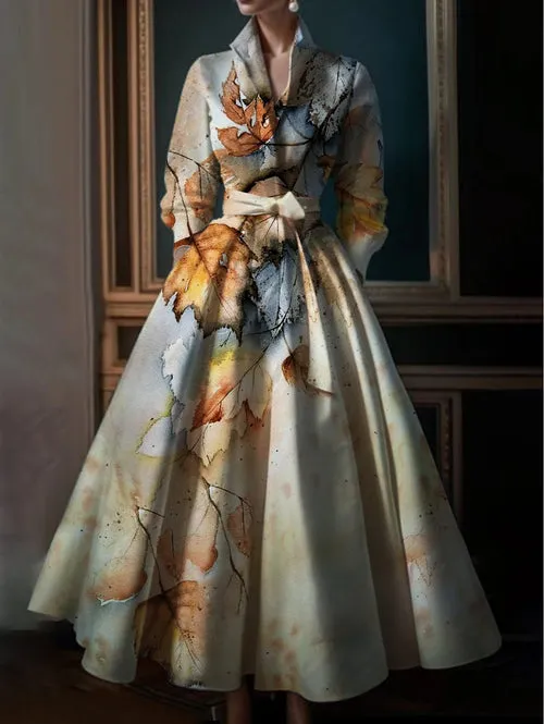 Elegant Floral Printing Maxi Dresses Multicolor Turndown Collar Long