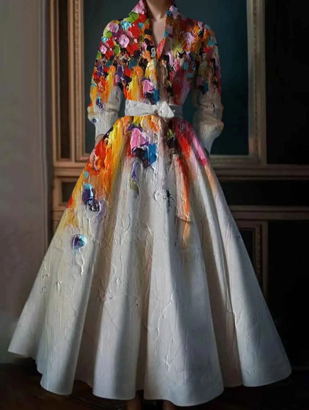 Elegant Floral Printing Maxi Dresses Multicolor Turndown Collar Long