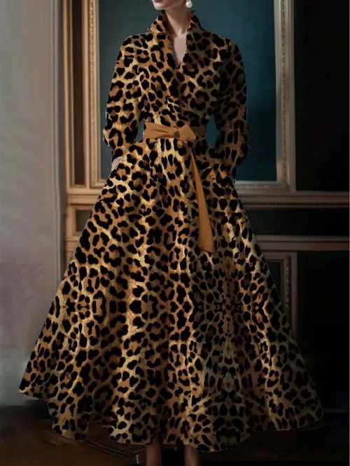 Elegant Floral Printing Maxi Dresses Multicolor Turndown Collar Long