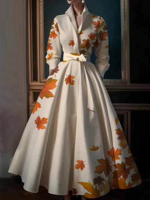 Elegant Floral Printing Maxi Dresses Multicolor Turndown Collar Long