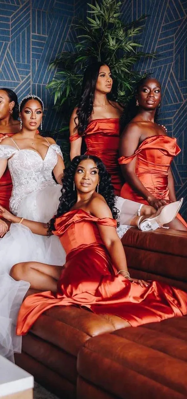 Elegant Off the Shoulder Mermaid Burnt Orange Long Bridesmaid Dresses Online, BG552
