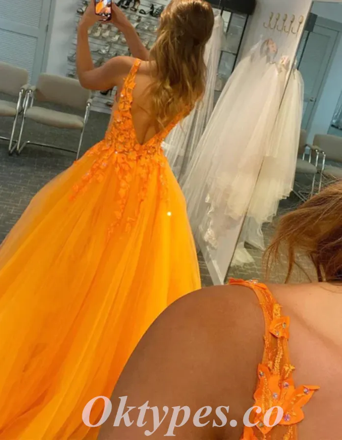 Elegant Orange Tulle Spaghetti Straps V-Neck A-Line Long Prom Dresses With Applique,PDS0592