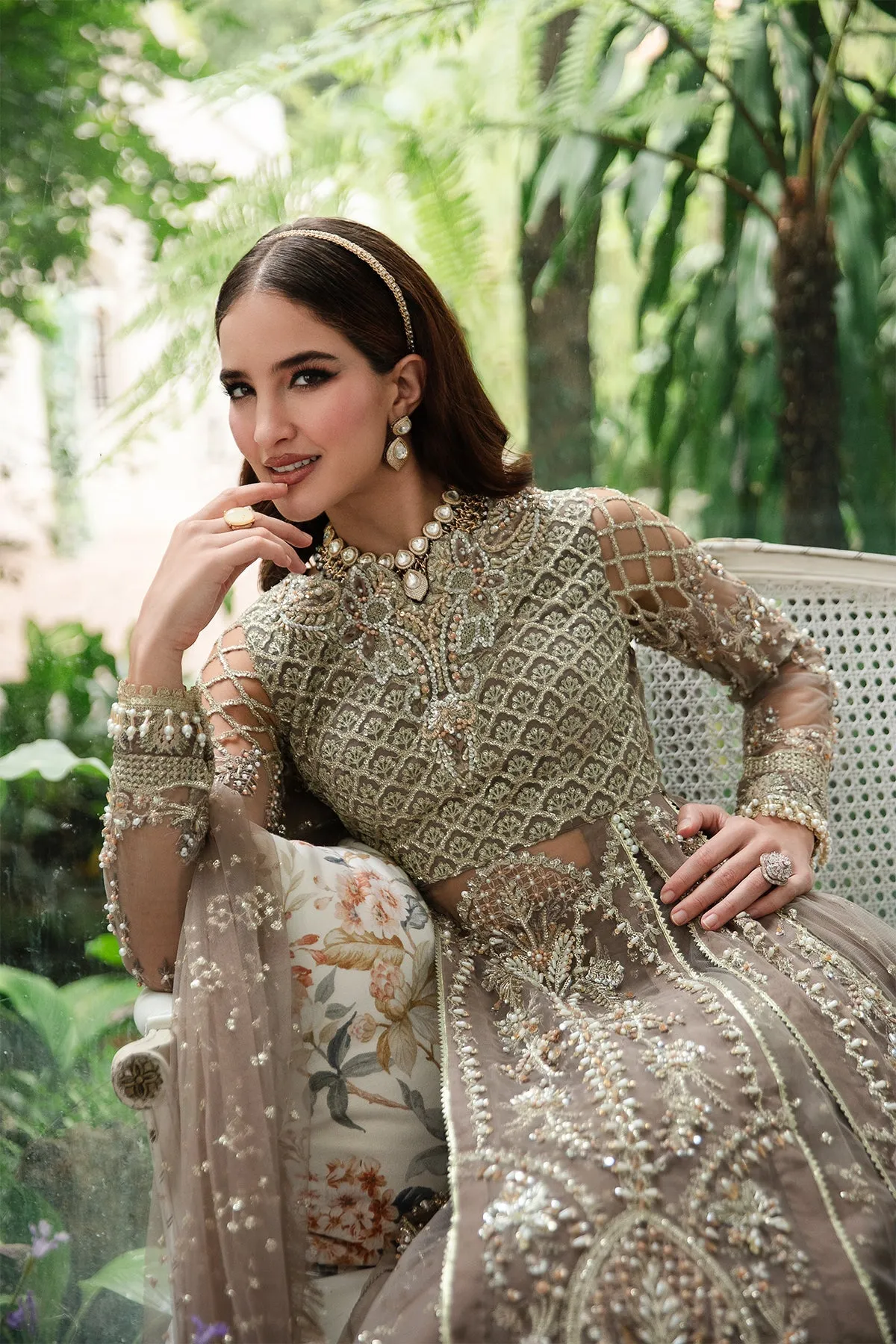 Elegant Pakistani Wedding Dress Embroidered Olive Pishwas Style Frock