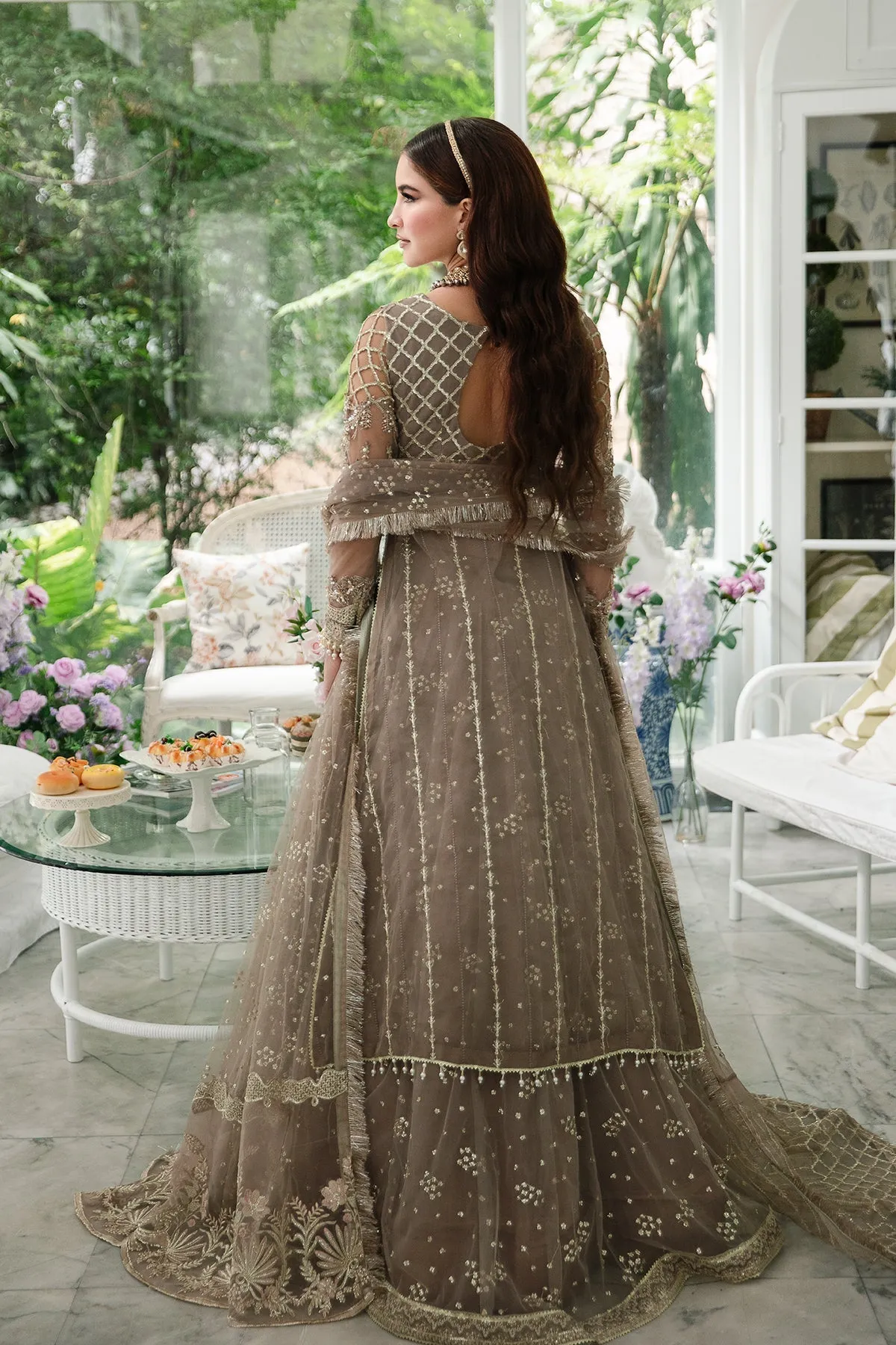 Elegant Pakistani Wedding Dress Embroidered Olive Pishwas Style Frock