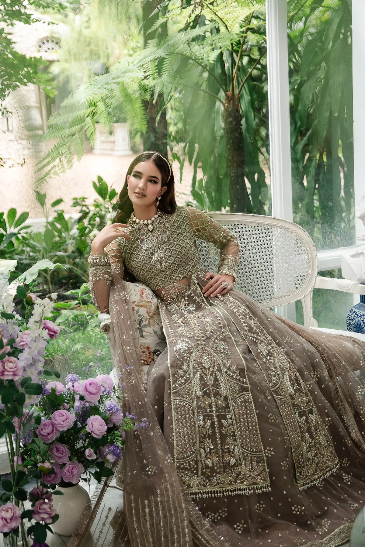 Elegant Pakistani Wedding Dress Embroidered Olive Pishwas Style Frock