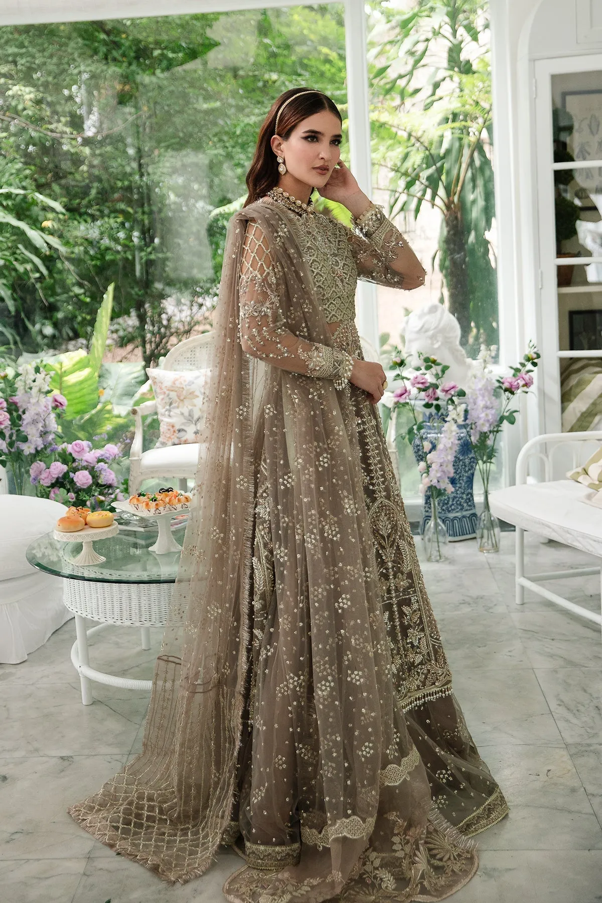 Elegant Pakistani Wedding Dress Embroidered Olive Pishwas Style Frock